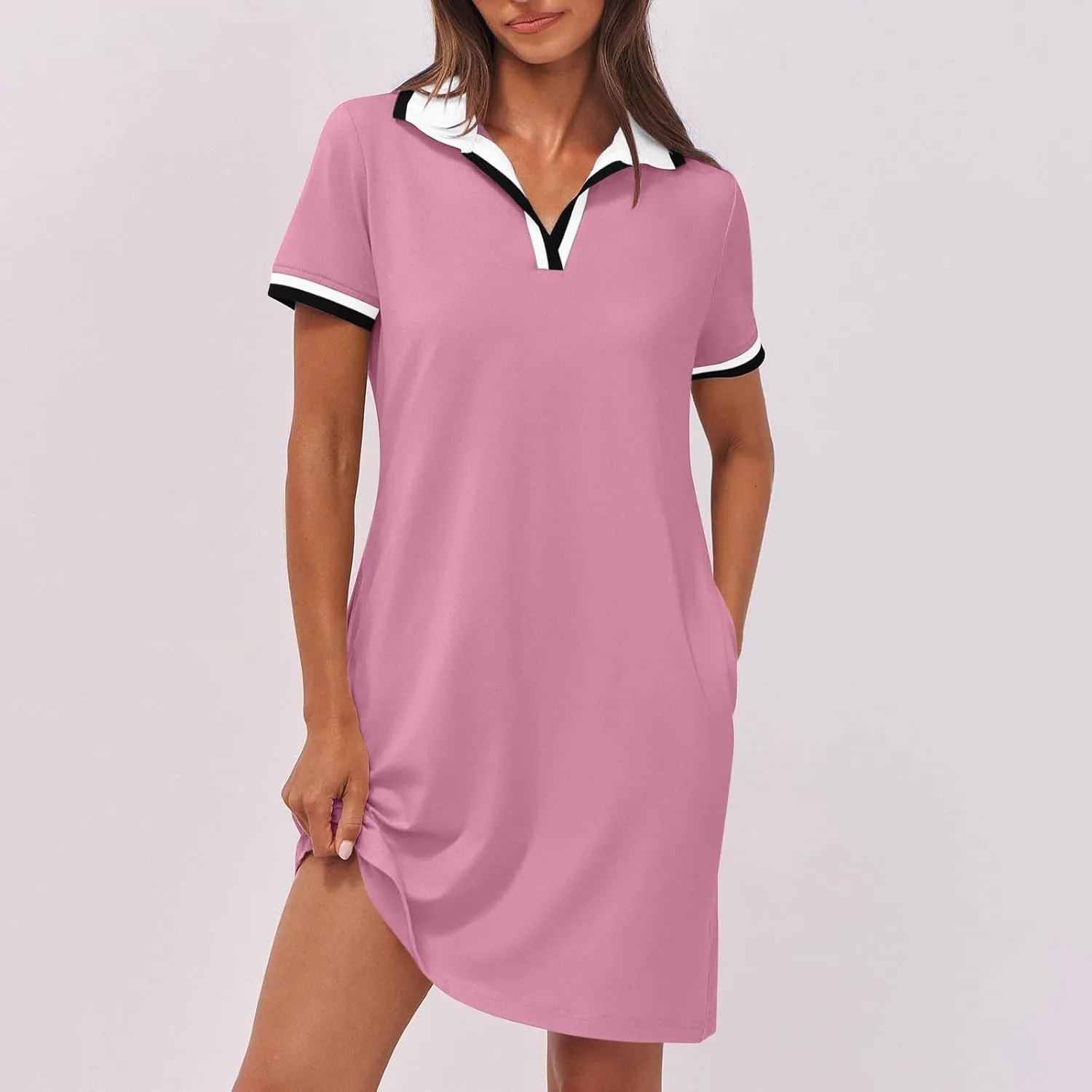 yardsong Golf Dresses for Women Tennis Workout Mini Dress Summer Casual Short Sleeve Collared V Neck Shirt Dress with Pockets