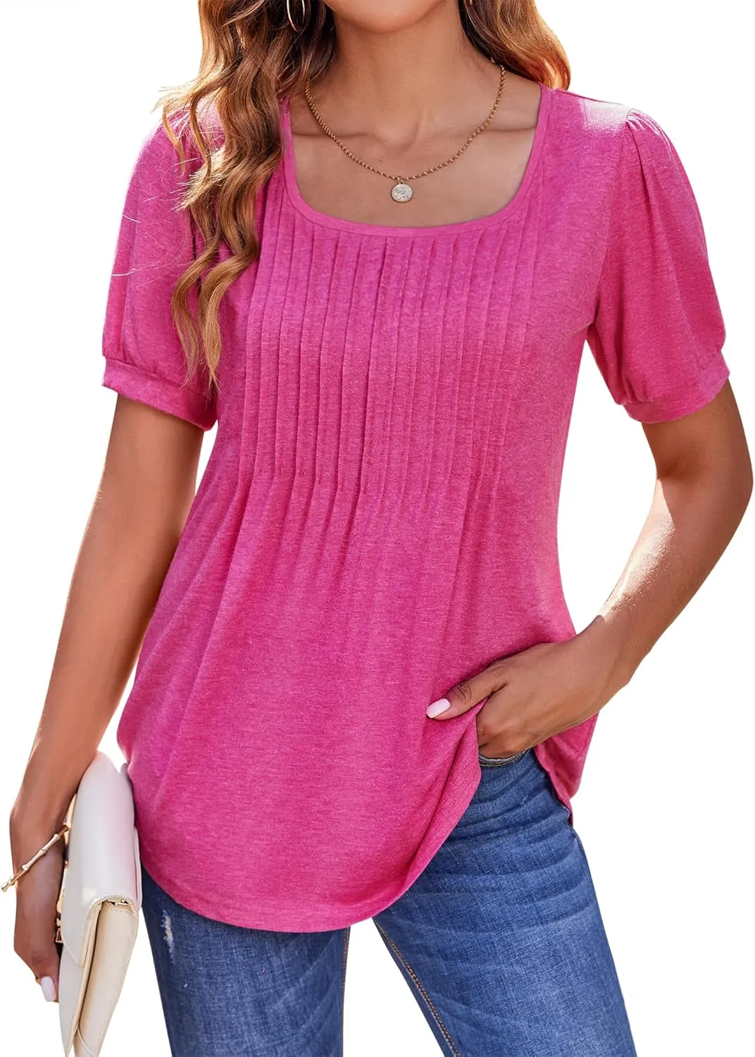 Zeagoo Womens Summer Tops Casual Puff Short Sleeve T Shirts Floral/Solid Pleated Tunics Square Neck Work Blouse