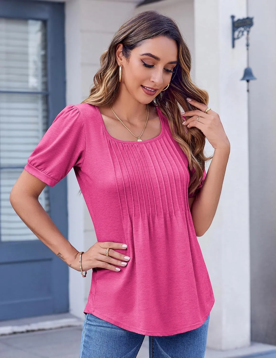 Zeagoo Womens Summer Tops Casual Puff Short Sleeve T Shirts Floral/Solid Pleated Tunics Square Neck Work Blouse