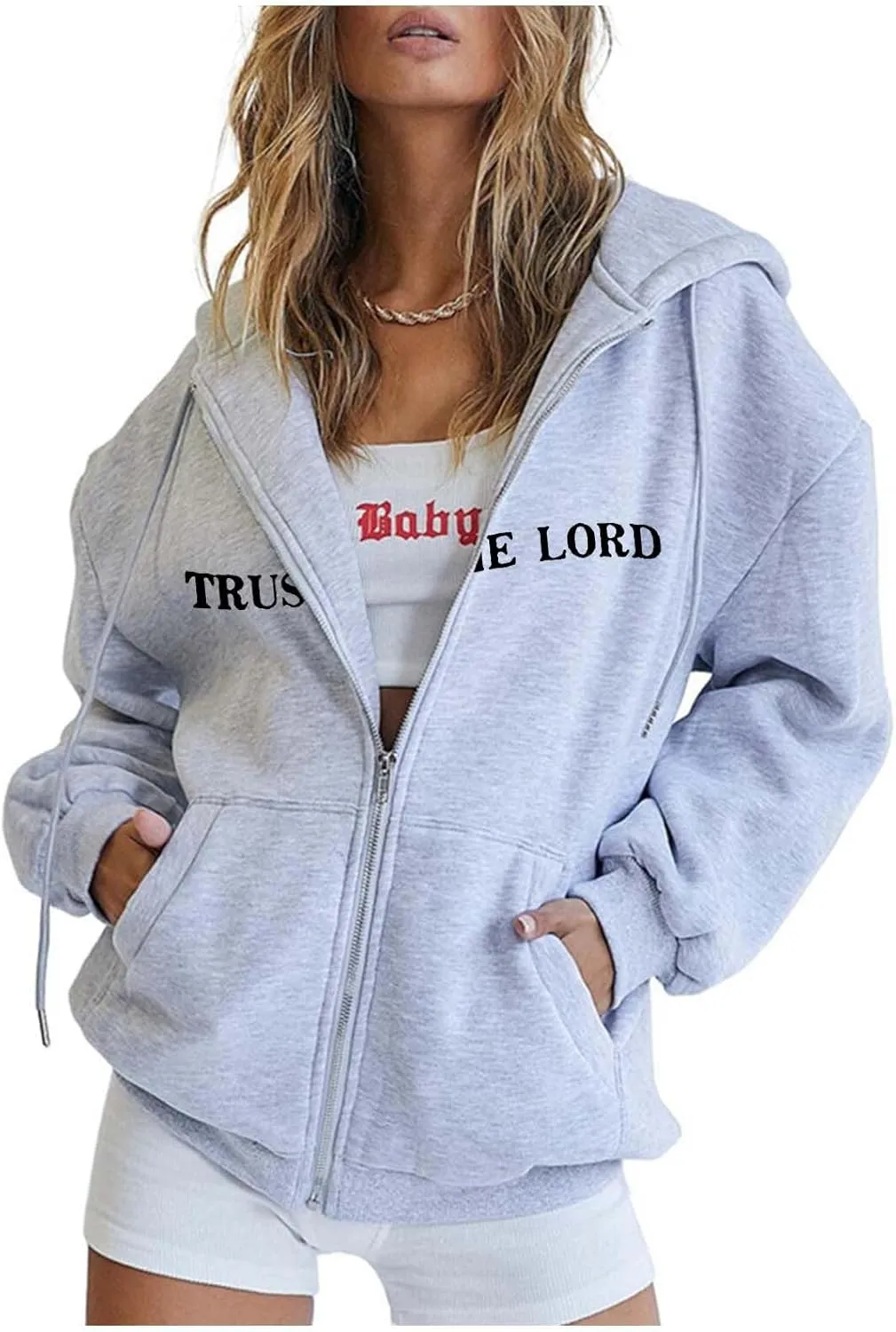 Zip Up Trust In The Lord Hoodies Anime for Women Y2K Fleece Lined Drawstring with Hood Jackets 2024 Thin Graphic Tops