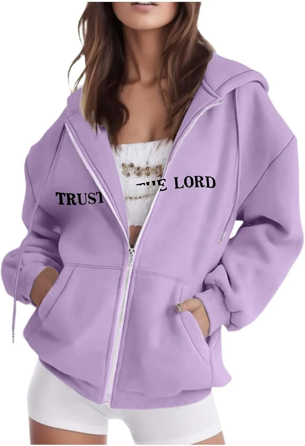 Zip Up Trust In The Lord Hoodies Anime for Women Y2K Fleece Lined Drawstring with Hood Jackets 2024 Thin Graphic Tops