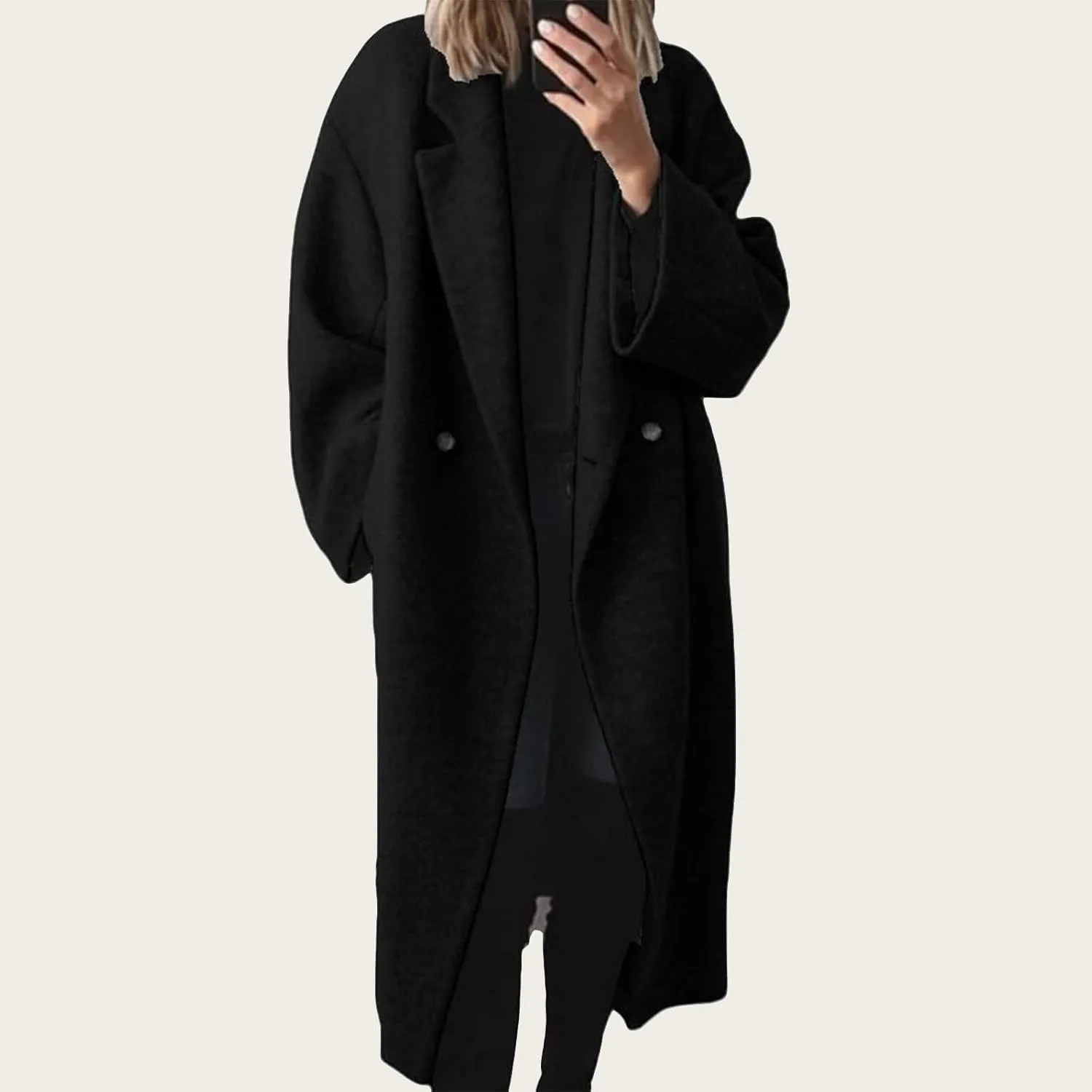 ZWRXW Women's Double Breasted Wool Coat Notch Lapel Long Sleeve Trench Coat Casual Loose Fit Coatigan Jackets Winter Coats