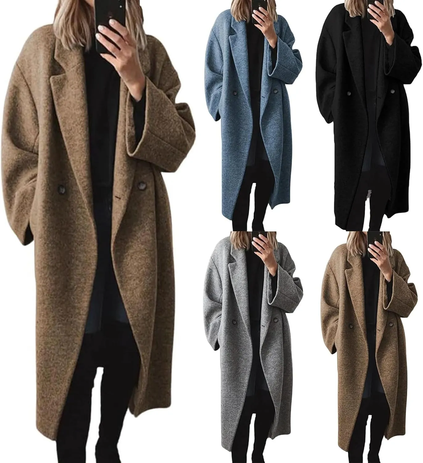 ZWRXW Women's Double Breasted Wool Coat Notch Lapel Long Sleeve Trench Coat Casual Loose Fit Coatigan Jackets Winter Coats