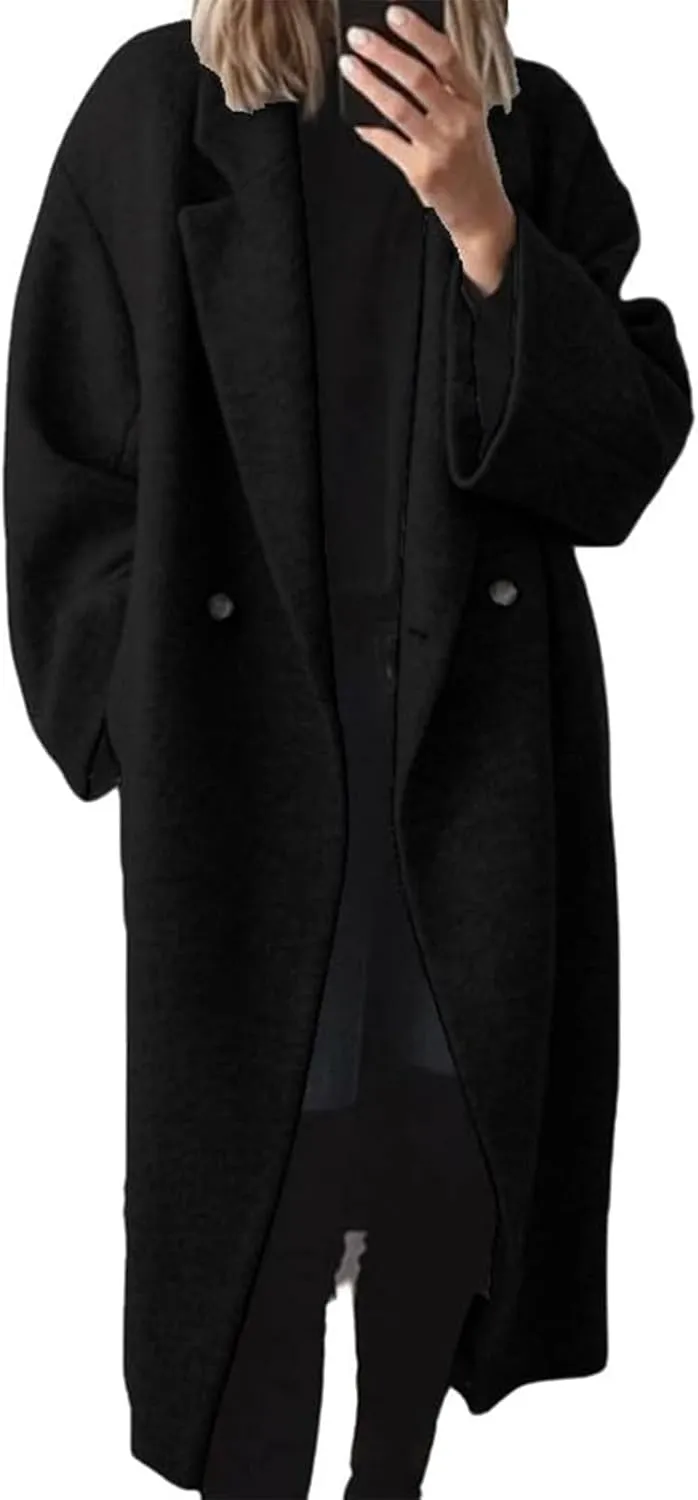 ZWRXW Women's Double Breasted Wool Coat Notch Lapel Long Sleeve Trench Coat Casual Loose Fit Coatigan Jackets Winter Coats