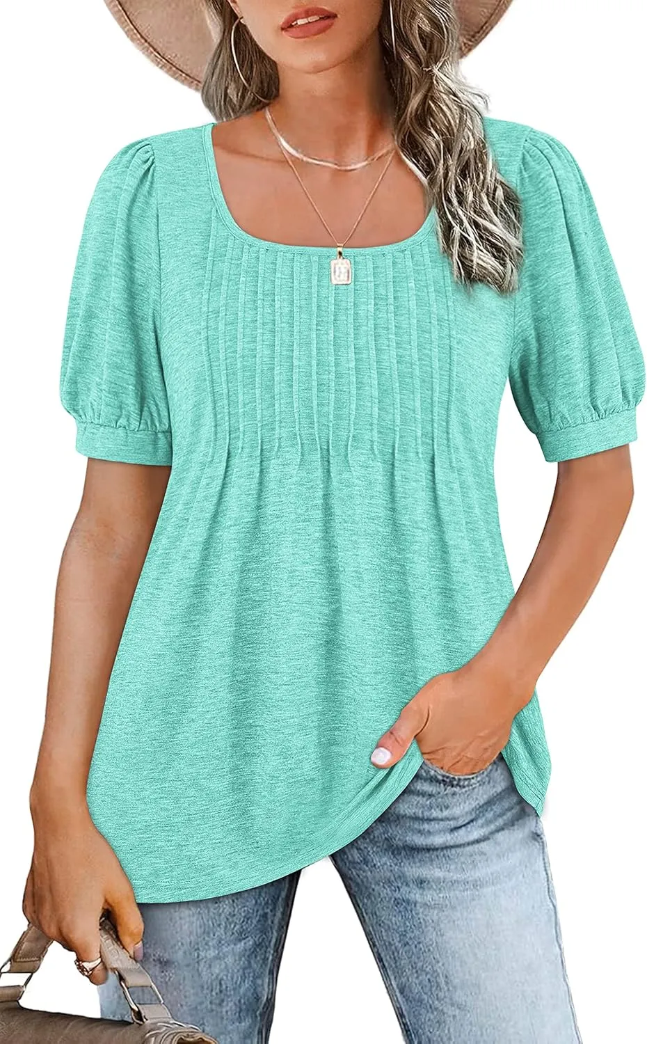 Zwurew Women's Summer Casual Puff Short Sleeve T-Shirts Square Neck Pleated Flowy Trendy Tunic Tops for Leggings S-2XL