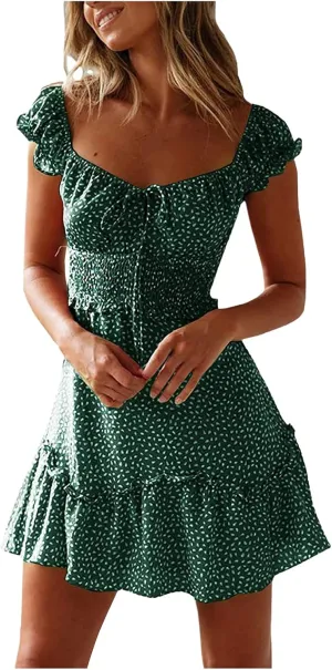 ZYXTIM Womens Boho Floral Mini Dress Puff Sleeve V Neck Slim Fit Flowy Skater Dress Plus Size A Line Fashion Summer Dress