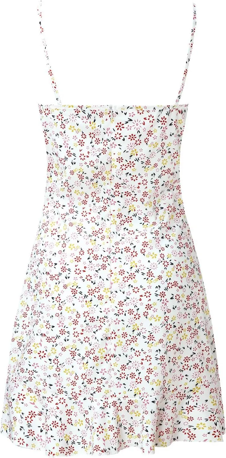 ZYXTIM Women's Floral Dress Ruched V Neck Sleeveless Ruffle Hem Tie Front Spaghetti Strap Cami Dress Trendy Mini Sun Dresses