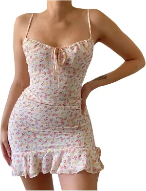 ZYXTIM Women's Floral Dress Ruched V Neck Sleeveless Ruffle Hem Tie Front Spaghetti Strap Cami Dress Trendy Mini Sun Dresses