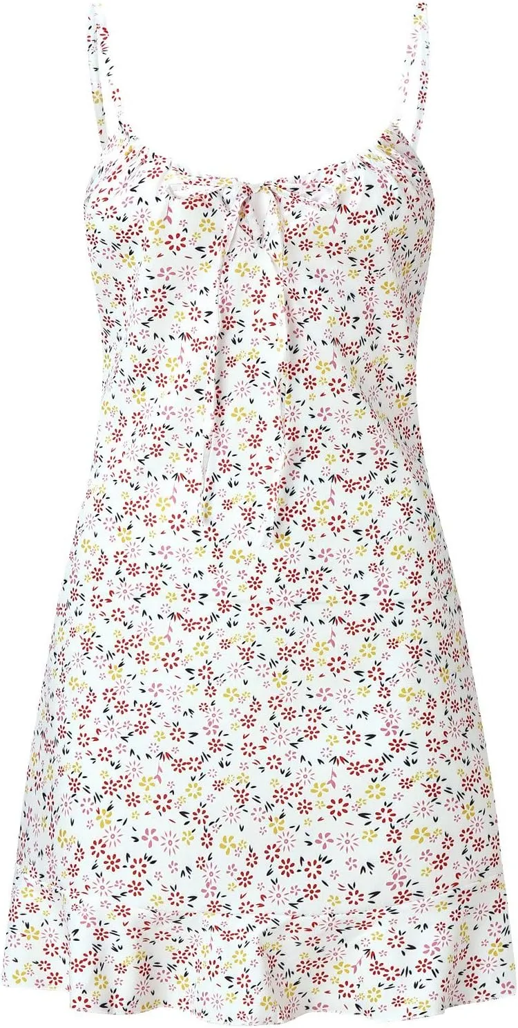 ZYXTIM Women's Floral Dress Ruched V Neck Sleeveless Ruffle Hem Tie Front Spaghetti Strap Cami Dress Trendy Mini Sun Dresses