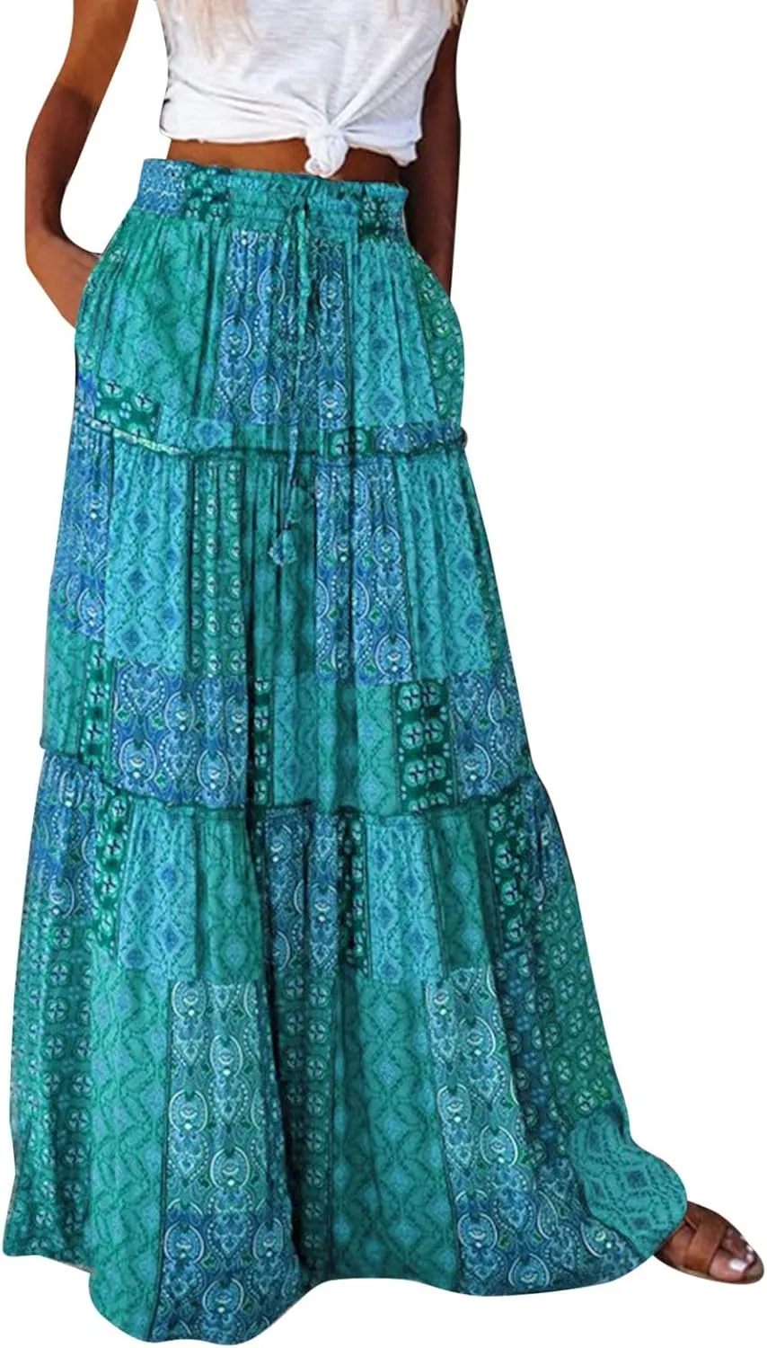 ZYXTIM Womens Flowy Boho Maxi Skirt Tiered Elastic High Waist Pleated Long Skirts Summer Hawaiian Resort Wear for Lady