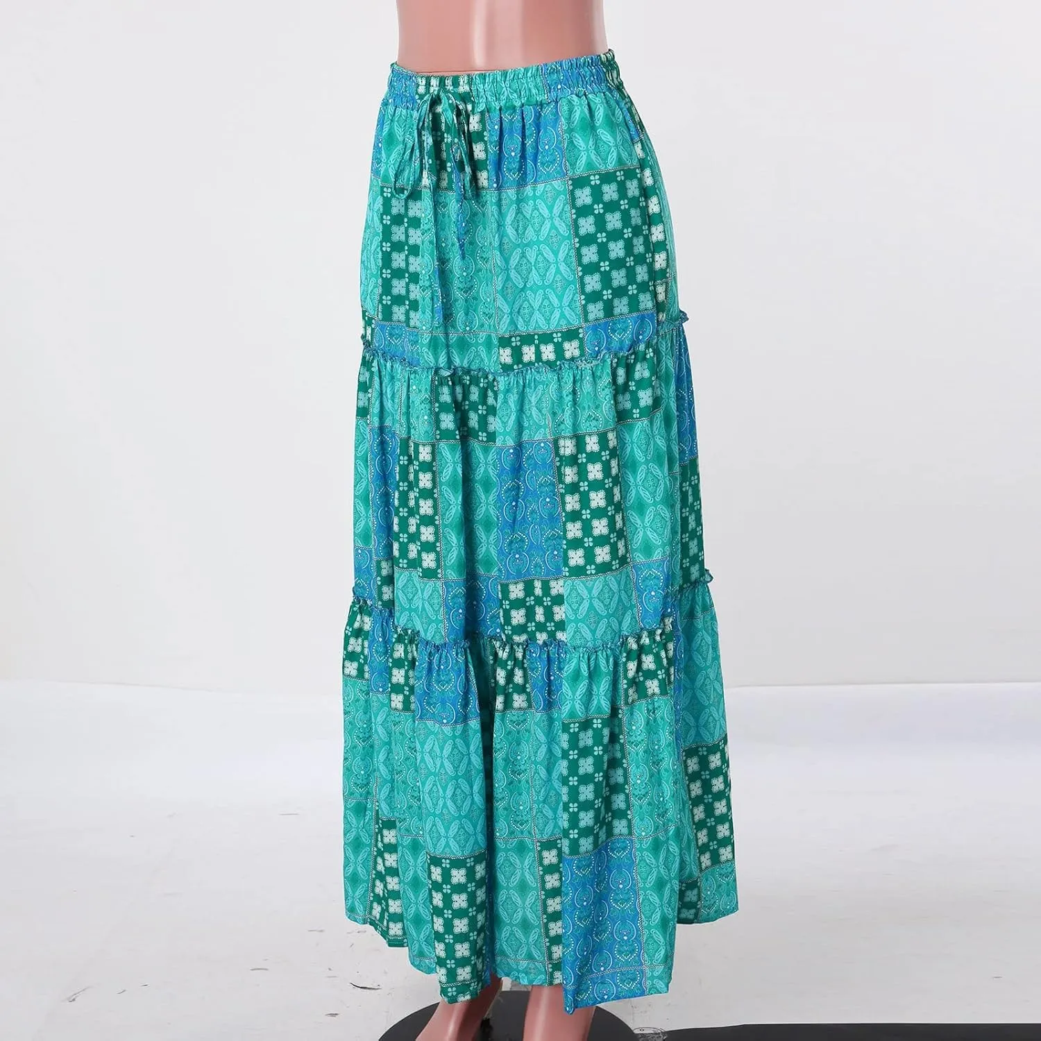 ZYXTIM Womens Flowy Boho Maxi Skirt Tiered Elastic High Waist Pleated Long Skirts Summer Hawaiian Resort Wear for Lady