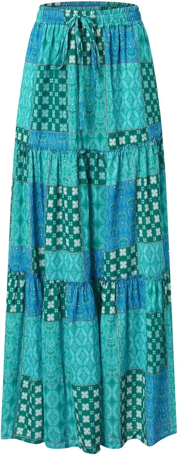 ZYXTIM Womens Flowy Boho Maxi Skirt Tiered Elastic High Waist Pleated Long Skirts Summer Hawaiian Resort Wear for Lady
