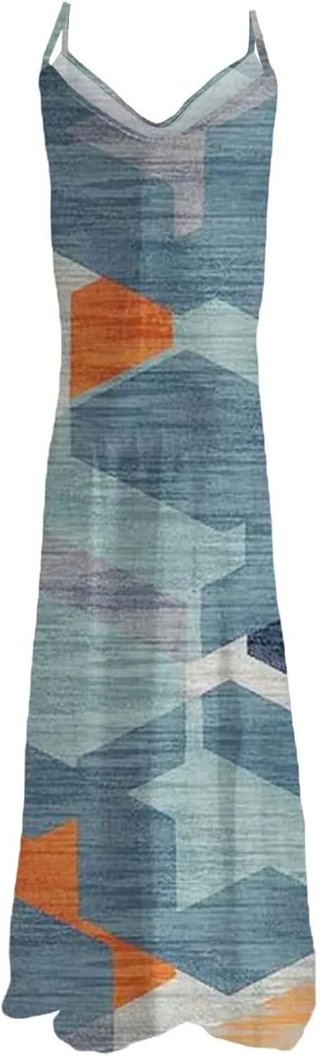 ZYXTIM Women's Summer Casual Sleeveless Beach Dress V Neck Printed Casual Loose Long Maxi Dress Holiday Flowy Swing Dress