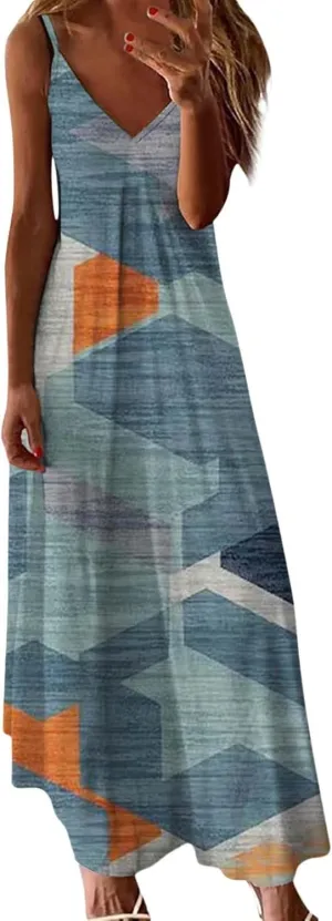 ZYXTIM Women's Summer Casual Sleeveless Beach Dress V Neck Printed Casual Loose Long Maxi Dress Holiday Flowy Swing Dress