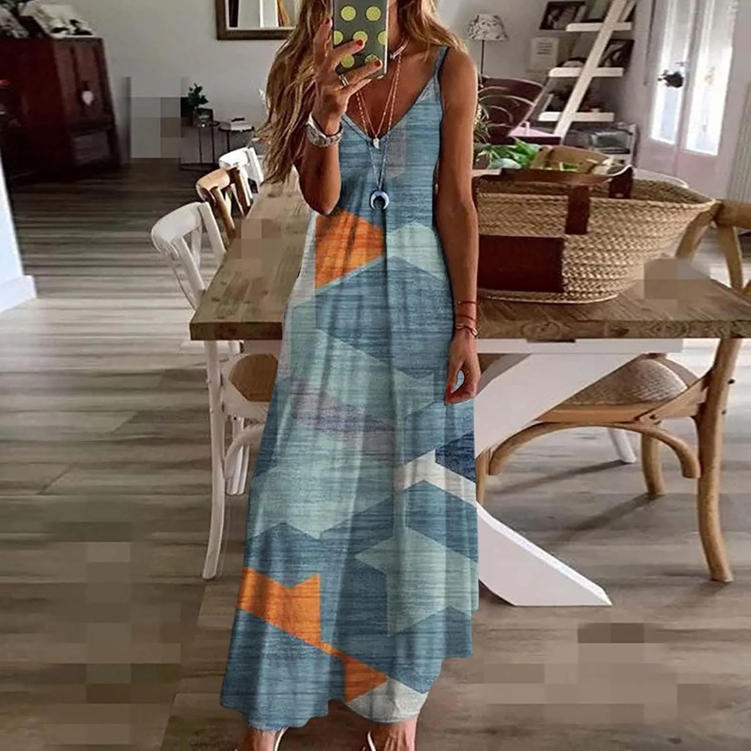 ZYXTIM Women's Summer Casual Sleeveless Beach Dress V Neck Printed Casual Loose Long Maxi Dress Holiday Flowy Swing Dress