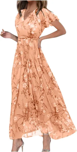 ZYXTIM Women's Summer Floral Boho Dresses Wrap V Neck Short Sleeve Ruffle A-Line Maxi Flowy Dress Pleated Hem Bohemian Outfit