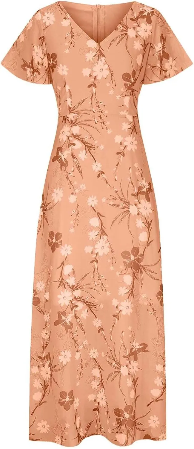 ZYXTIM Women's Summer Floral Boho Dresses Wrap V Neck Short Sleeve Ruffle A-Line Maxi Flowy Dress Pleated Hem Bohemian Outfit