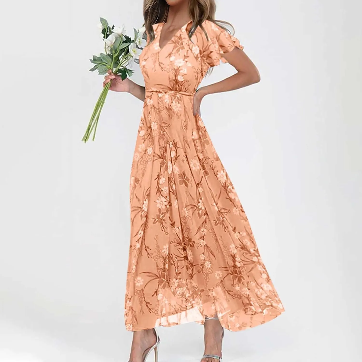 ZYXTIM Women's Summer Floral Boho Dresses Wrap V Neck Short Sleeve Ruffle A-Line Maxi Flowy Dress Pleated Hem Bohemian Outfit